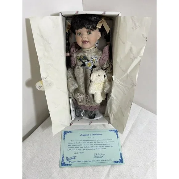 Duck House Heirloom Doll Joelle and Teddy Bear D12-7040 Green Eyes 12 in